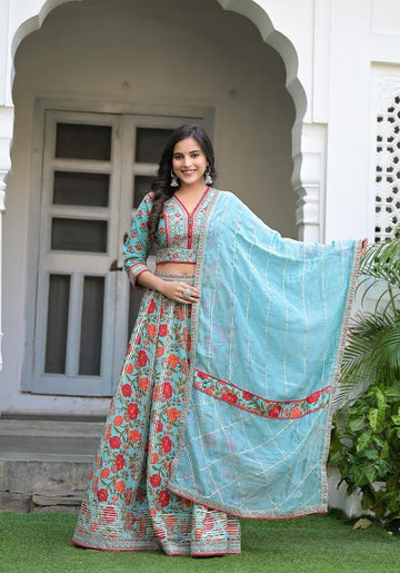 Varanga Blue Floral Printed V Neck Embroidered Blouse With Skirt And Dupatta